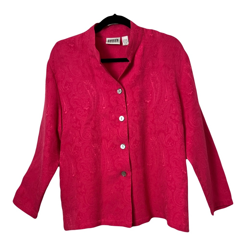 Chico’s Design, Pink Silk Damask Button Front Top, Medium (Size 1)